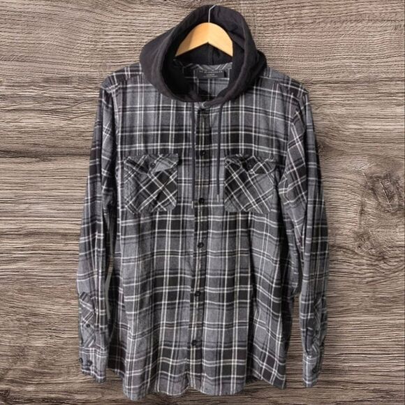 No Boundaries Other - No Boundaries Hooded 100% Cotton Gray Black Plaid Long Sleeve Shacket 42-44 L
